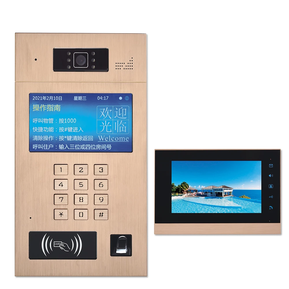 7 inch Building Access Control System Multi Apartment Cat5 video door phone fingerprint identification doorbell intercom system