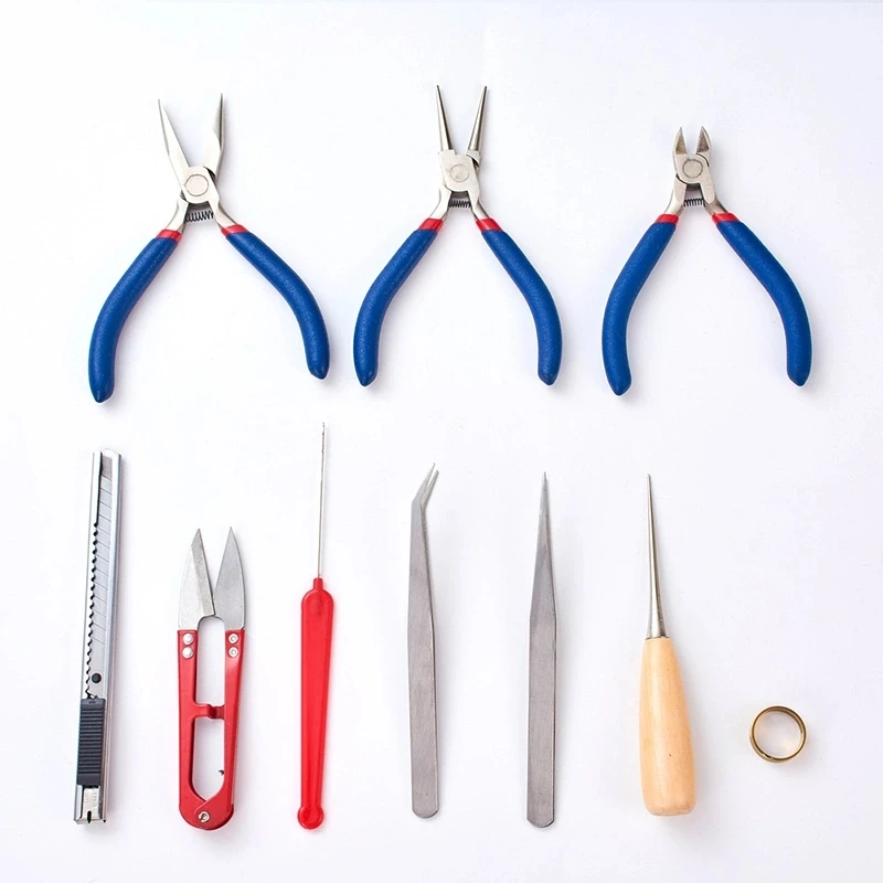 Electroplate 10PCS Jewelry Tool Kit DIY Tools Set for Jewelry Making Repair with Plies Scissor Beading Tweezers and