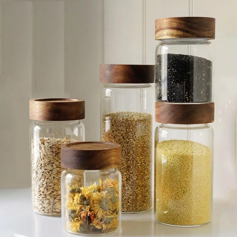 Wholesale High borosilicate glass jar food storage bottles with Acacia wood lid
