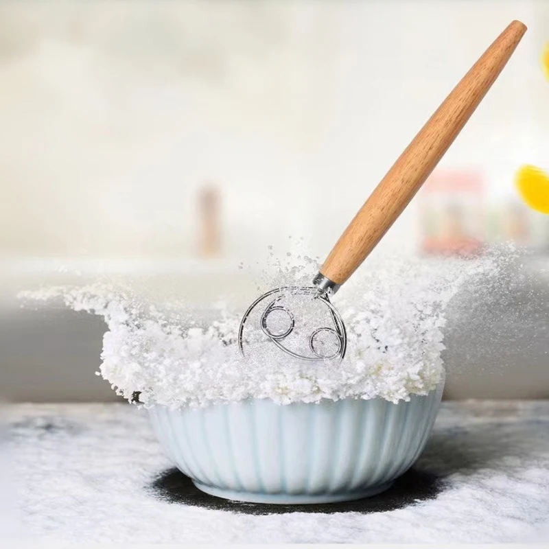 Wooden Handle  Baking Tool Flour Blender Mixer Stainless Steel Coil Egg Beater Manual Flour Dough Mixer