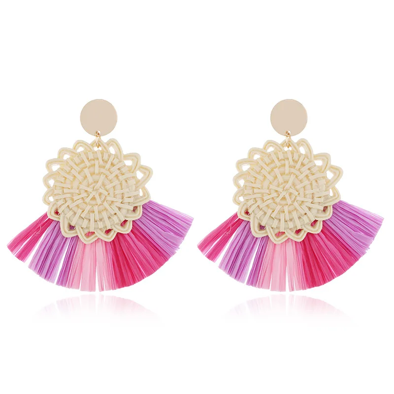 Ethnic Style Raffia Drop Earrings Boho Eco Friendly Bamboo Wove Pendant Earring Personality Beach Vacation Women Fashion Jewelry