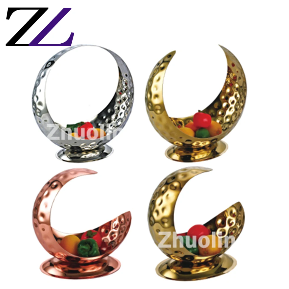 Handmade Hammered Plateau Miroir Large Catering Buffet Moon Shape Bowls Restaurant Serving Plate Stainless Steel Salad Bowl