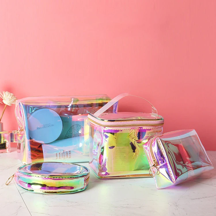 Custom Waterproof PVC Glitter Transparent Toiletries Bag Clear Vinyl Translucent Makeup Pouch Holographic Cosmetic Travel Bag