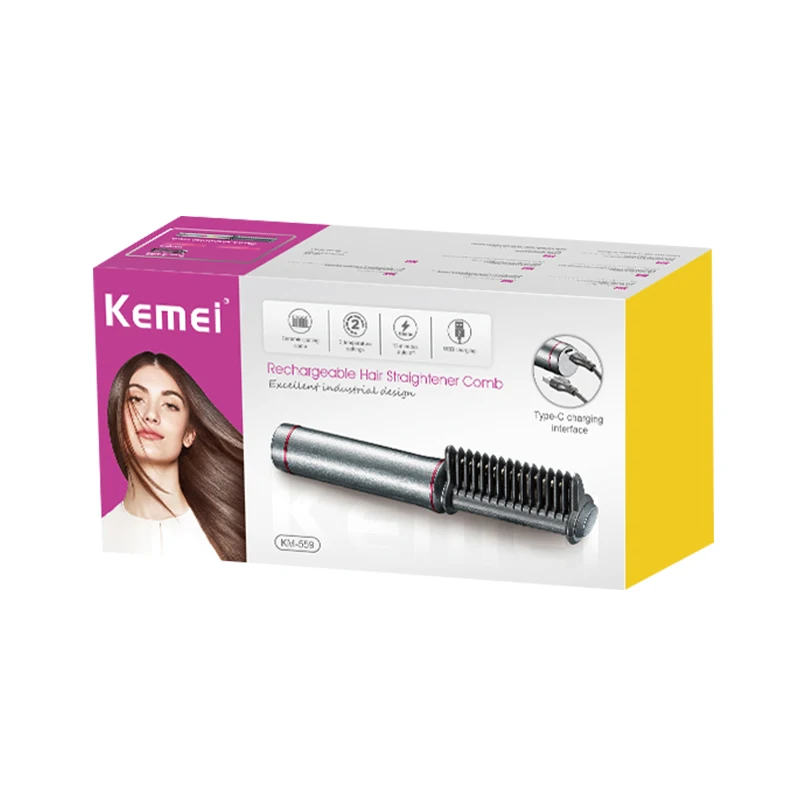 KEMEI Km-559 Electric Hot Comb Straightening Brush Cordless Fast Heated Electric Hair Straighten Comb