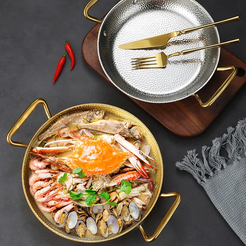 Gold Stainless Steel Restaurant Serving Plate Saute Pan Deep Frying Seafood Pan Paella Cooking Ramen Pot