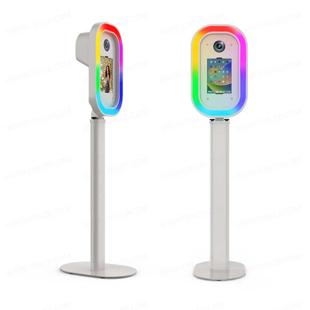 Selfie video booth camera adapted iPad photo booth machine with LED light surrounding aluminum made oval columns oval baseplate