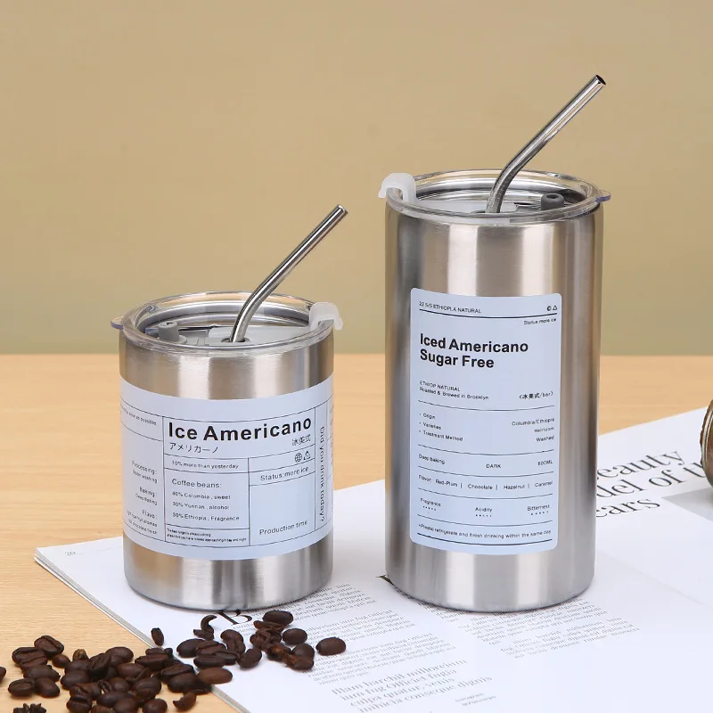 12oz Straight Mugs Ice Coffee Tumbler Stainless Steel thermos  Insulated Coffee Tea Mug Beer Drinking Cup  With Straw Lid