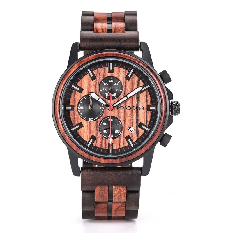 DODO DEER Auto Date Chronograph Handcraft Men Wood Watch Mixed Ebony Sandalwood Wooden Manufacturer Luxury China Round 2021 1pcs