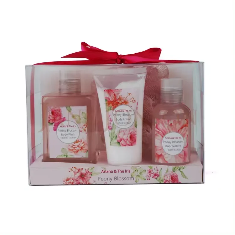 Private label shower gel body lotion gift set beauty bath with bath puff wholesale
