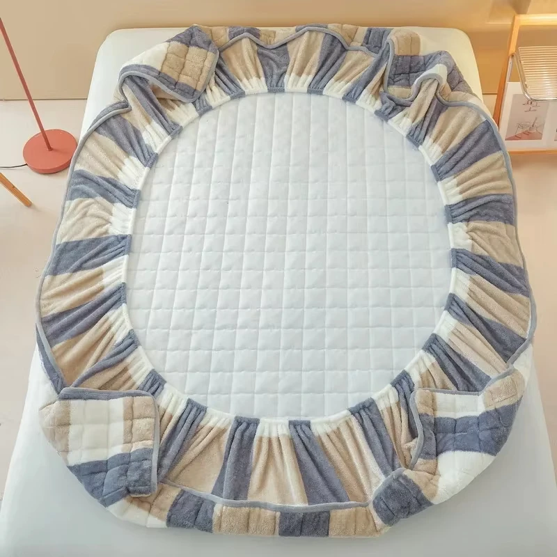 Winter Plush Quilted Warm Mattress Protector Cover Plaid Flannel Velvet Bedspread Elastic Fitted Sheet Style Bed Protection Pad
