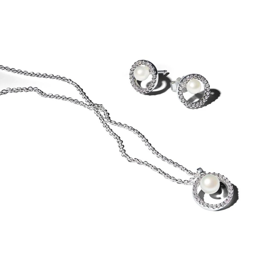 New 925 sterling silver Charm Treated Freshwater Cultured Pearl Pave Gift Set Ring Earring Design DIY Necklace Women Jewelry Set