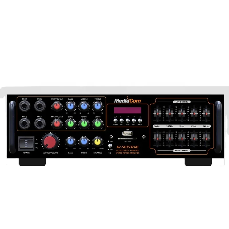 10-band graphic equalizer 3532AD AC/DC power Mic echo/delay stereo karaoke amplifier support BT/USB/SD/AUX/FM radio/LED display.
