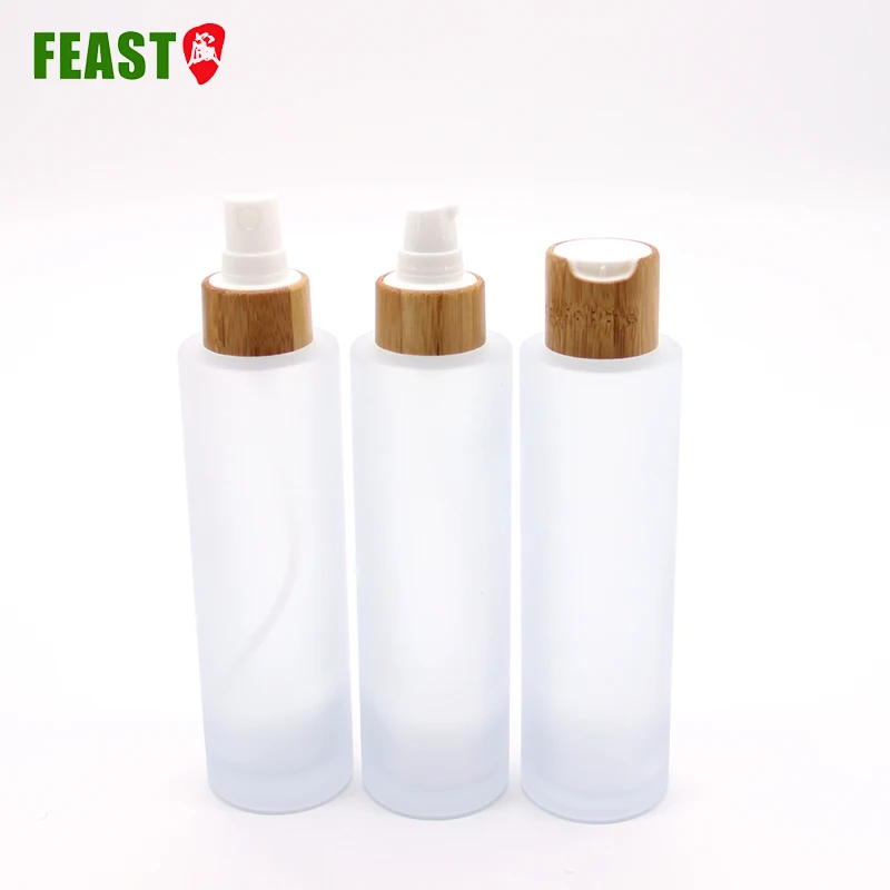 
Hot Sale 180ml Frosted Cosmetic Glass Jars and Bottles Packaging with Bamboo Neck for Smoothing Toner 