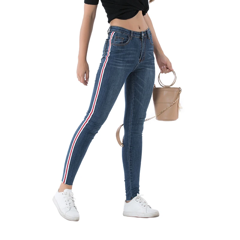 
2021 China Factory OEM Tall Waist Skinny Low Price No Name Brand Side Red Edge Denim Jeans Women 