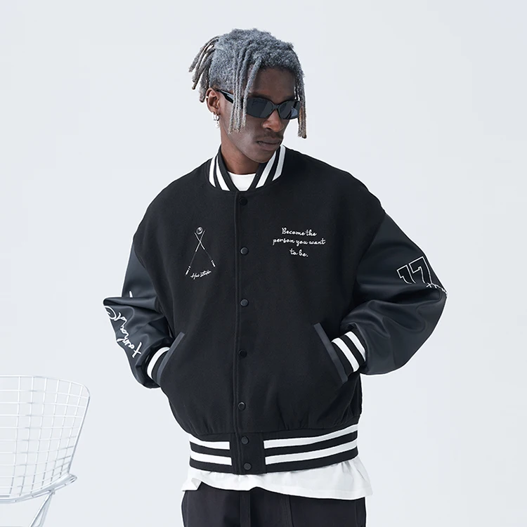 Streetwear men wholesale outdoor custom chenille embroidery leather sleeve baseball letterman varsity jacket for men