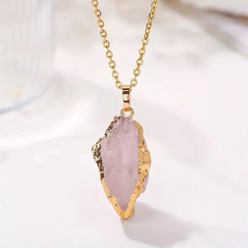 Natural irregular raw stone crystal plating gilt pendant powder crystal topaz diy jewelry women accessories necklace