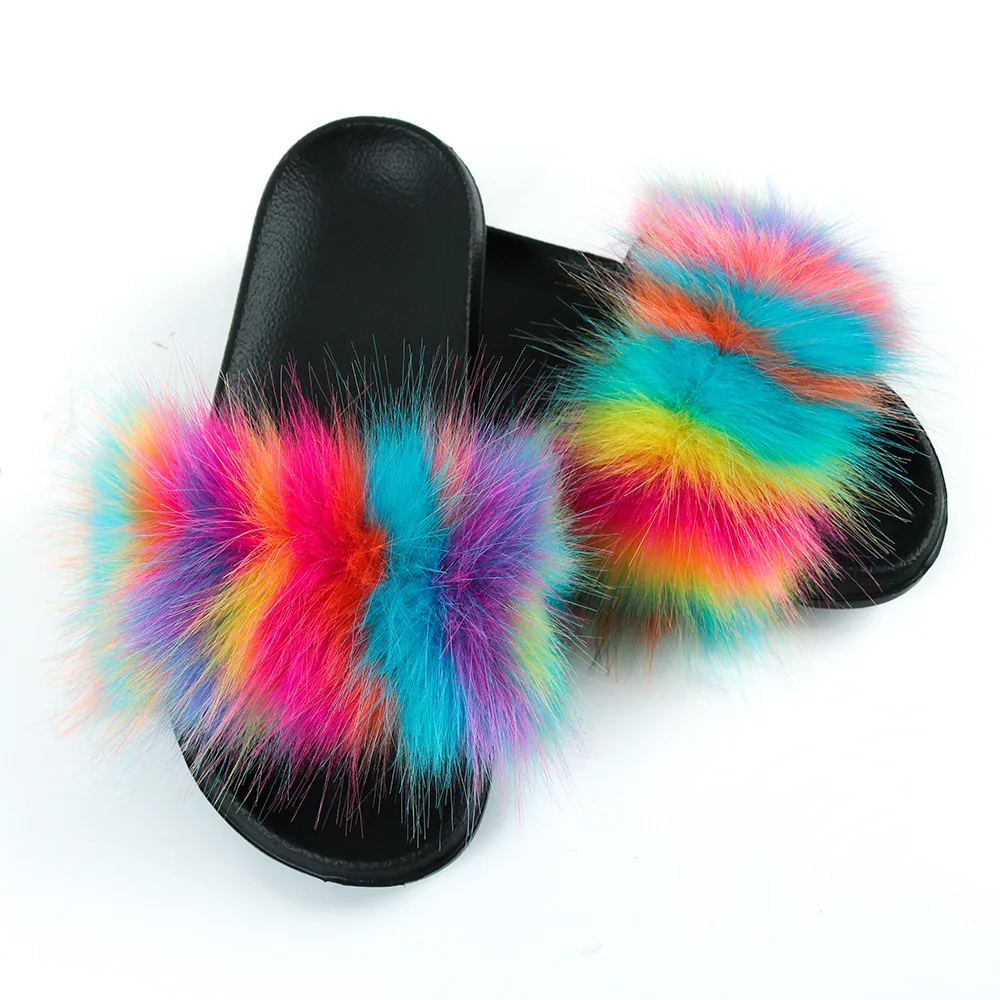  New popular style children fox fur slipper wholesale kids baby slides flops