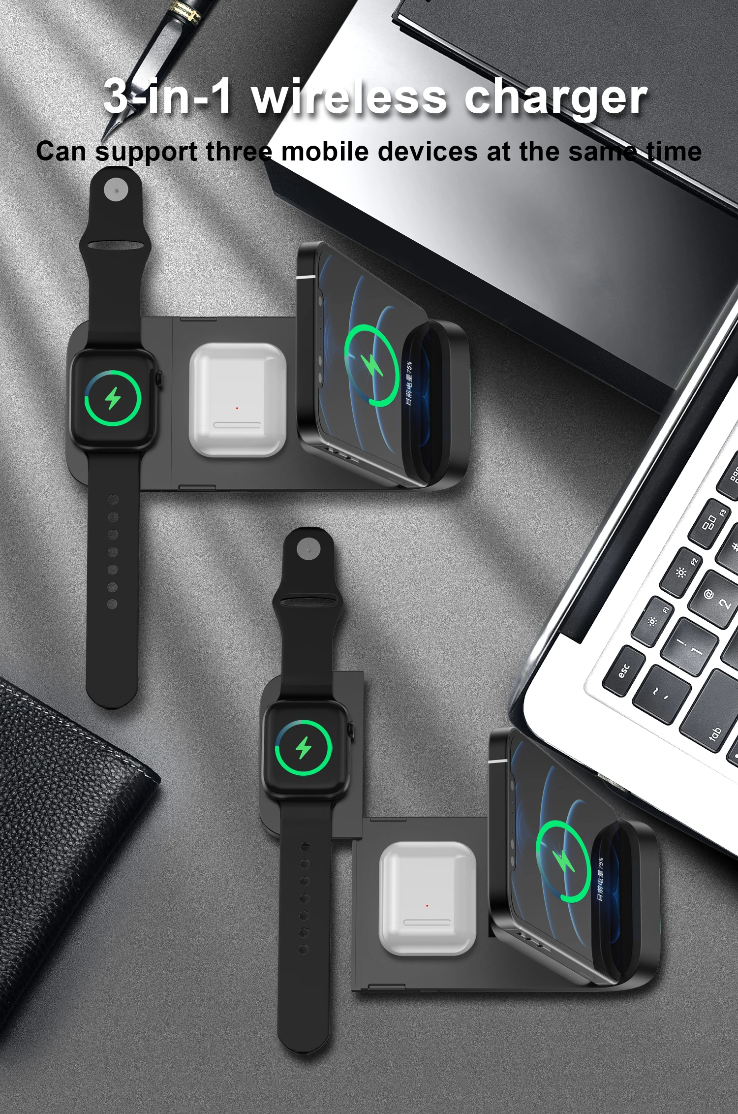 V8 многофункциональное 15 Вт Быстрое беспроводное зарядное устройство для телефона 3 в 1 Подставка зарядки Qi пользовательская Беспроводная зарядная станция