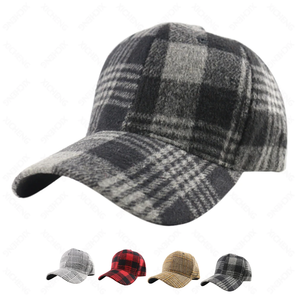 Fashion british style custom logo embroidery check pattern plaid baseball hat warmed woolen cotton baseball cap for outdoor