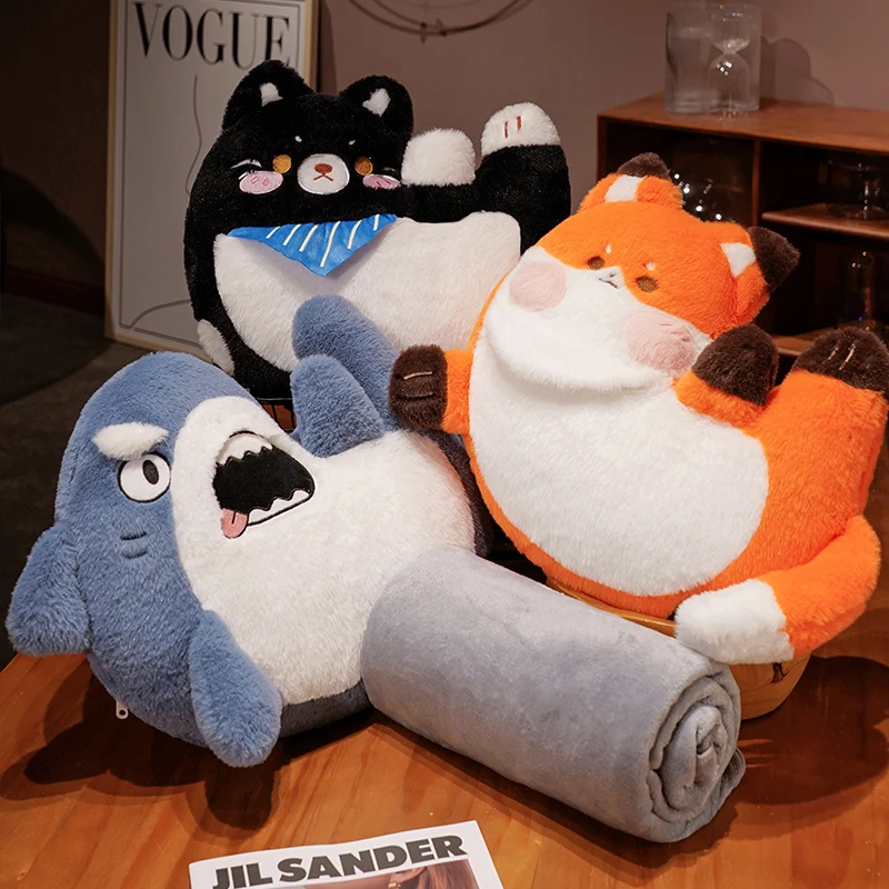 Animal Cushion Cute Soft Cartoon Fox Shark Cat Pillow Blanket for Car
