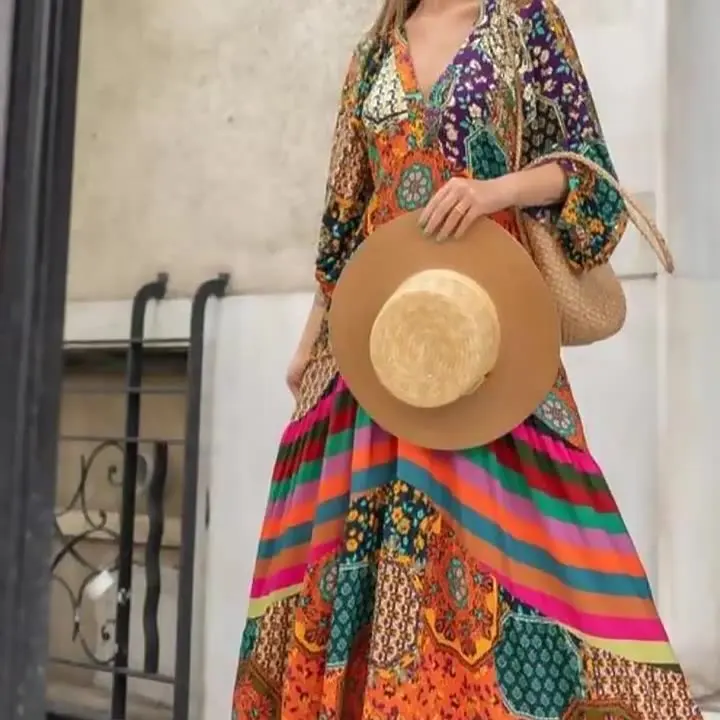 Charming Long Dress Comfortable Retro Ethnic Print Large Hem Beach Long Dress Anti-fade Female Clothes African Maxi Casual Dress