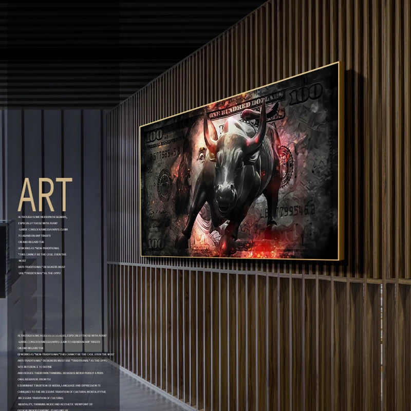 Charging Bull Art Wall Street Canvas Painting 100 Dollar Bull Statue Picture Office Home Decor