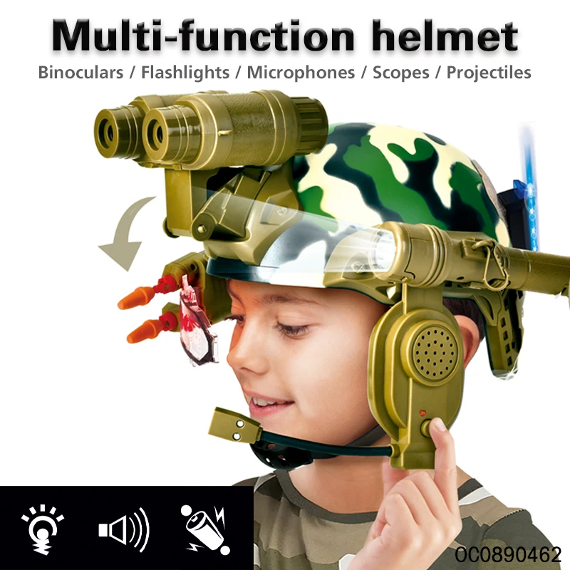 Flashlight earphone amplifier 4x telescope role pretend play toys plastic military camouflage helmet kid