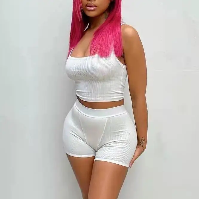 2022 Custom Ribbed Knitted Women Skims Lounge Wear Two Piece Tank Top Legging Short Set