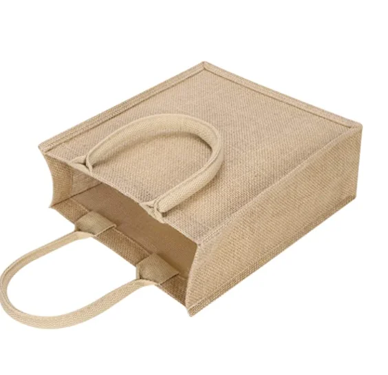 Natural Reusable Burlap Jute Tote Bag with Laminated Interior and Soft Cotton Handles, for Women Shopping, Beach,Picnic,Gift,DIY