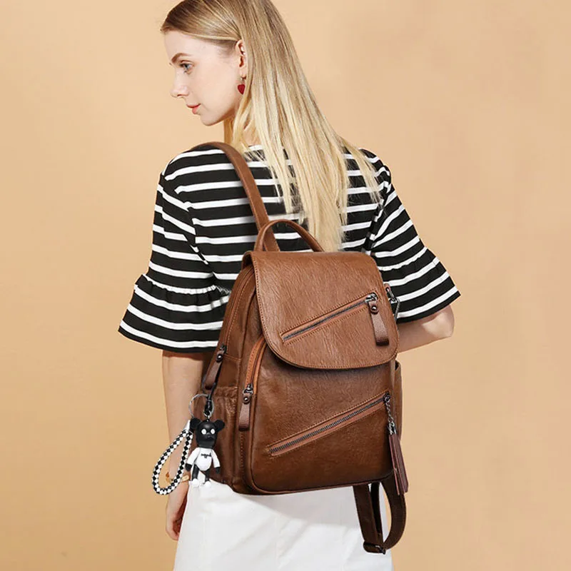 
Vintage Tassel Pu Leather Multi-zip Clamshell Women Backpacks High Quality Soft School Bags High Capacity Designer Travel Bags 