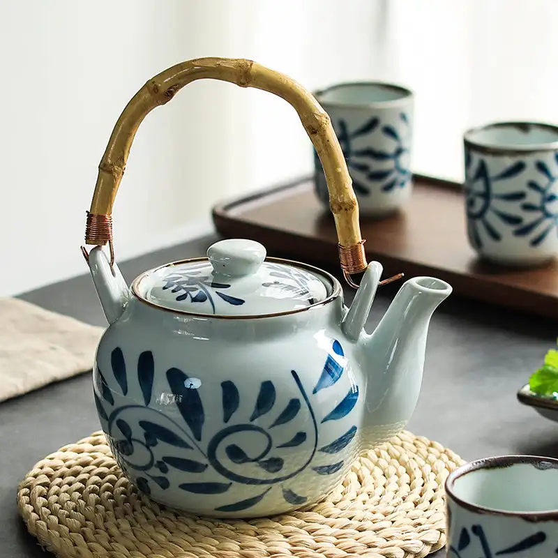 Japanese Blue and White Retro China Ceramic Beam Pot Tea Set