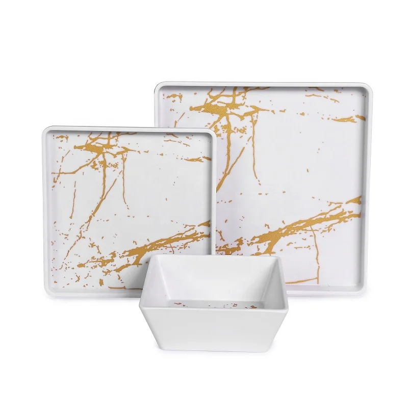 Luxury Golden Design Square Melamine Dinnerware 12PCS Tableware Dinner Set