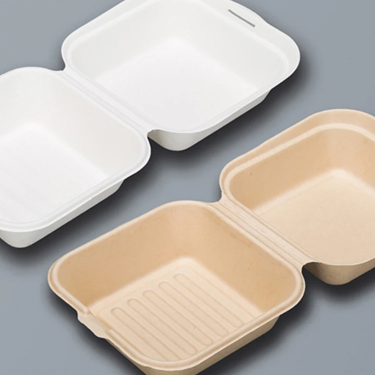 Biodegradable Brown Lunch Food Hamburger Clamshell Burger Paper Box 6 7 8 Inch Disposable Sugarcane Bagasse Paper Plates Bowls