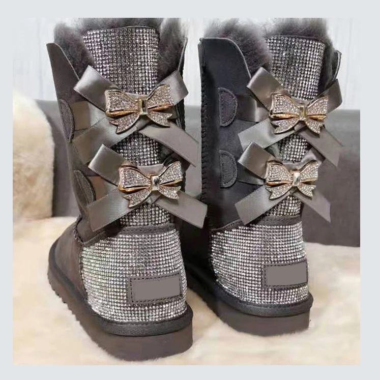 Snow Boots Wholesale Fashion Ladies Sheepskin Kids Women Winter Snow Ribbon Fur Boots With Bows 2023 Snow Boots