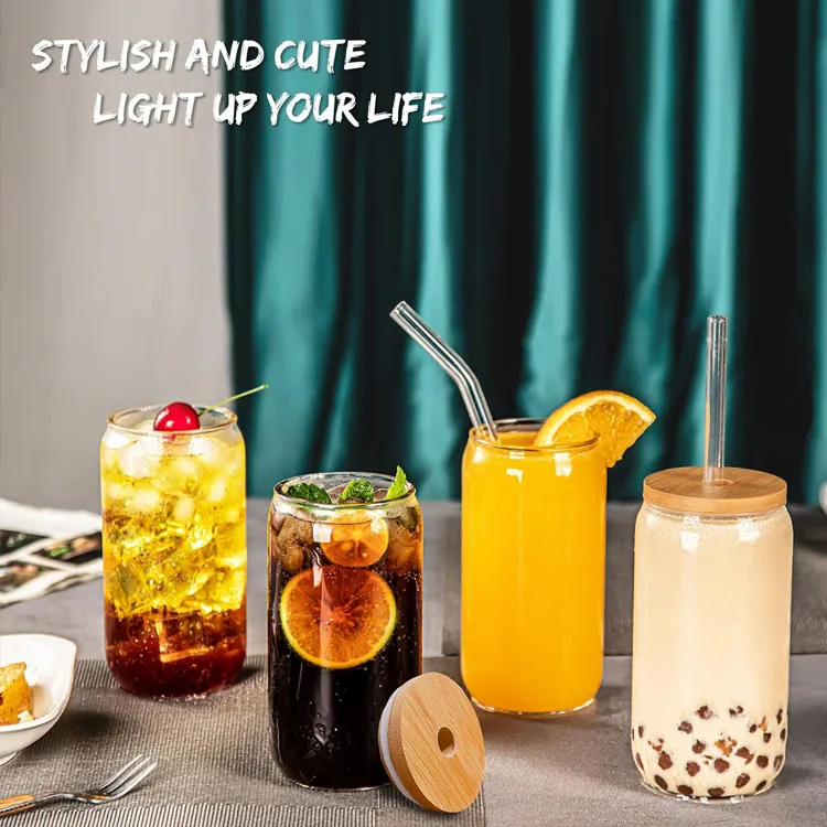 16Oz Can Shaped Glass Cup Beer Ice Coffee Glass Tumbler Cup Drinking Glass Cup with Bamboo Lids and Straw