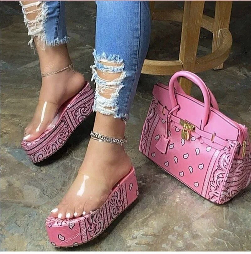 
2021 Women Summer Clear Platform Slides Bandana Wedge Shoes Bandana Heels Slip On Slide Sandals Shoes Women Bag Set 