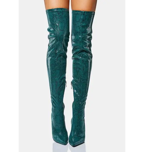 Fashion ladies stiletto high heels pointed toe winter long stretchy boots customize over the knee green snake thigh high boots