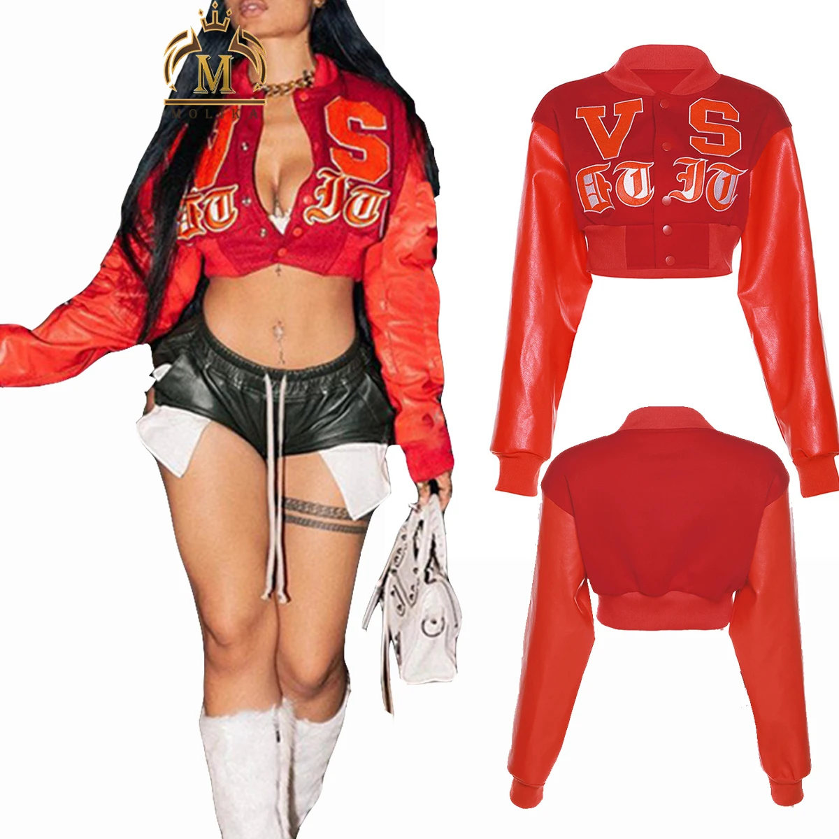 New Fall Winter Casual Women Jacket Coat Leather Sleeve Patchwork Crop Active Gym Sport Wear Casual Baseball Women Bomber Jacket