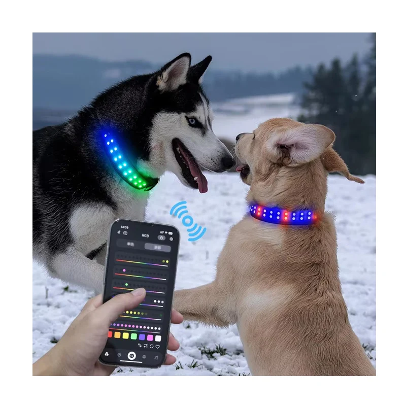 bluetooth APP control rechargeable prevent loss warning colorful flashing LED light pet collar supplies for night walking dog