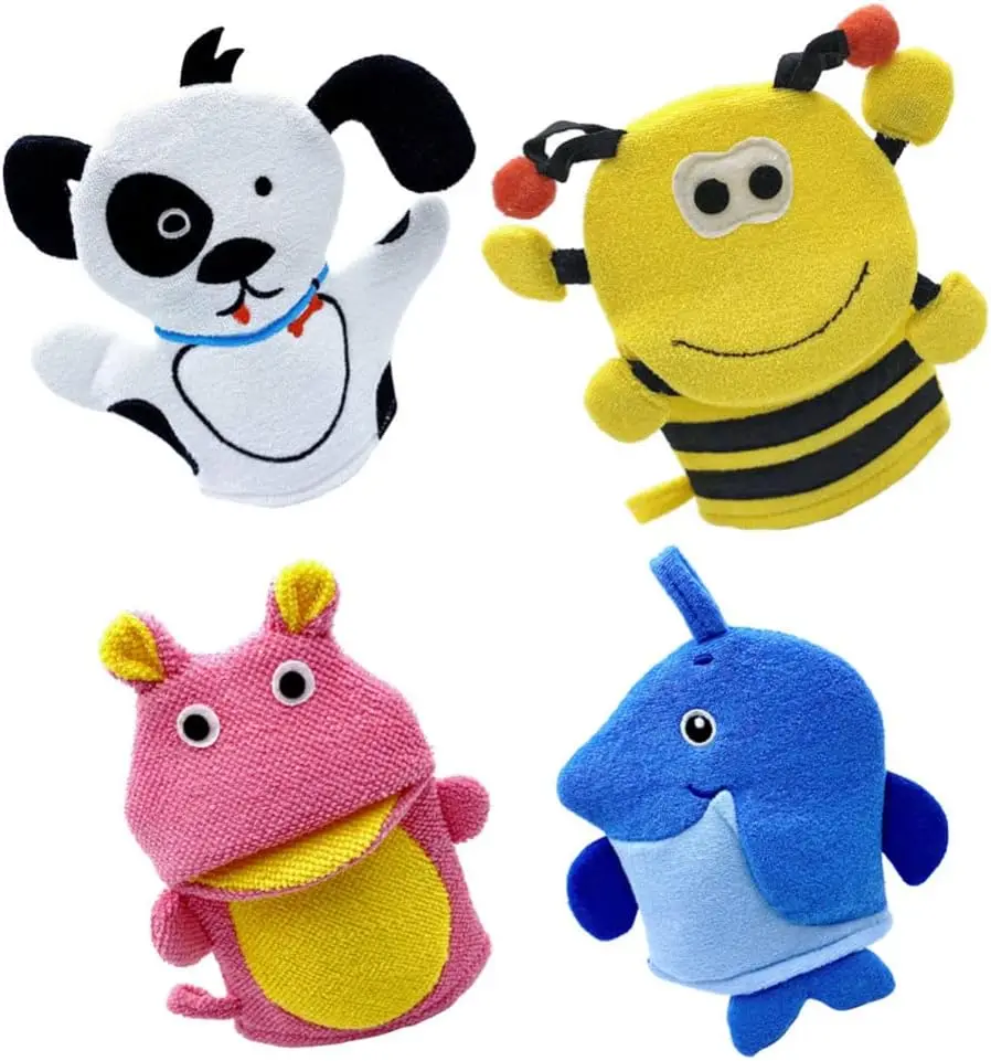 Scrub Gloves Kids Bath Scrubber Shower Infant Mitts Cartoon Elephant Towel