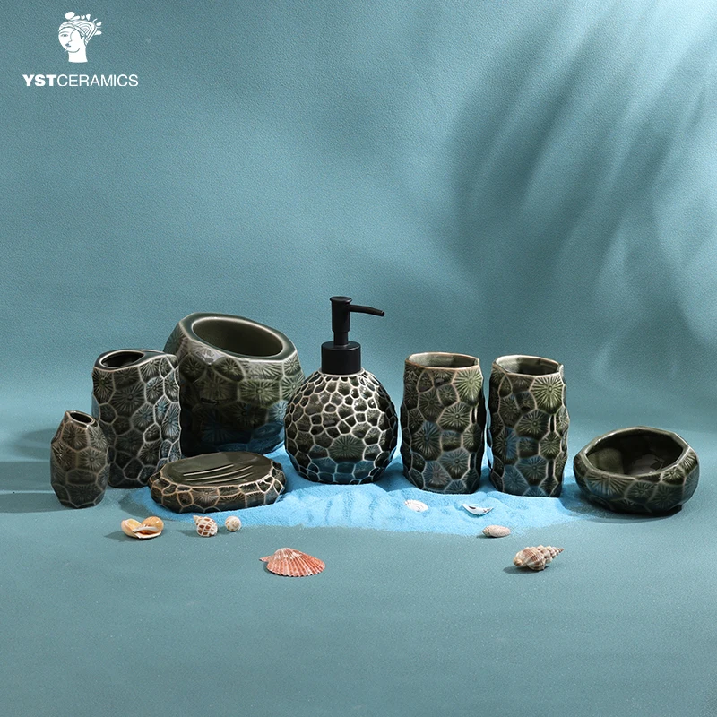 YST Ceramics Factory House Decor Eco-Friendly Coral Reef Bathroom Accessories Soap Dispenser Tumbler Soap Dish Bathroom Sets