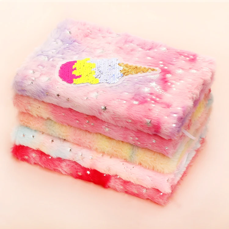 Wholesale A5 Journal Diary Colorful Rainbow Design Plush Notebook with Sequins Patch for kids