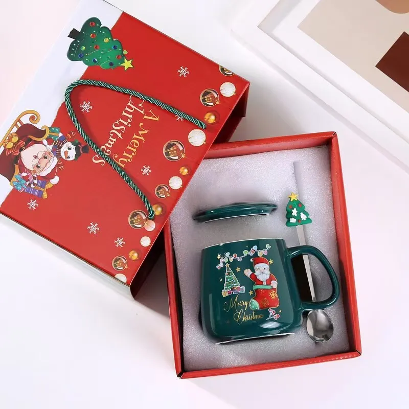 High Quality Customized Christmas Cup Christmas Tree Santa Claus Ceramic Mug With Lid And Spoon