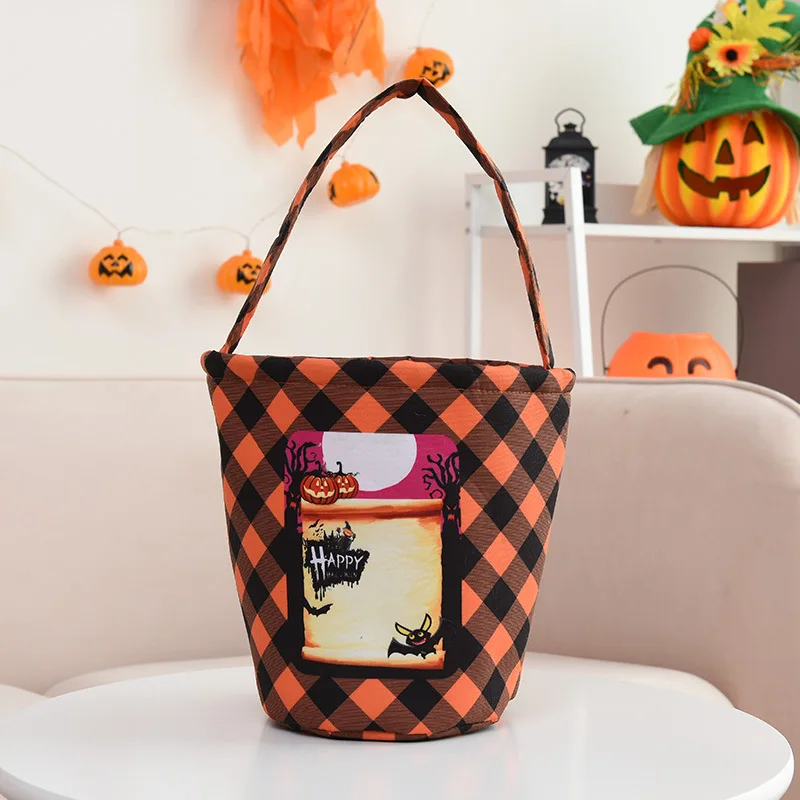Customized Halloween Gingham Basket Pumpkin Orange Printed Coffin Pattern Halloween Basket Wholesaler