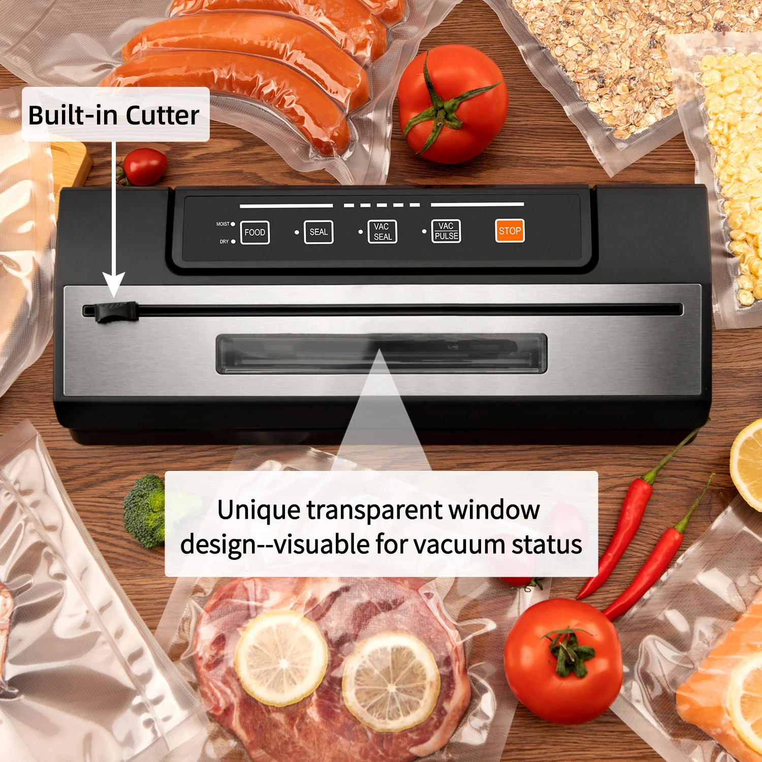 Small Visual Window Sealer Vacuum Machine for Food with Built-In Cutter Roll Film Compartment Easy Bag Position Confirmation