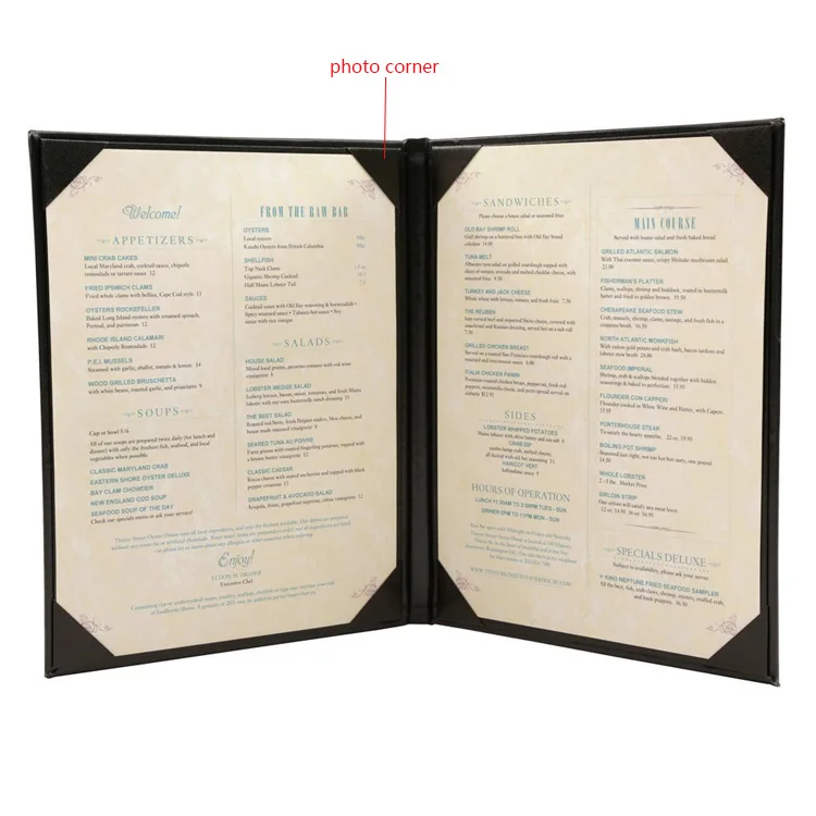 High Quality A4 PU Leather Restaurant Wine Menu Cover For customize 8.5*11' Menu