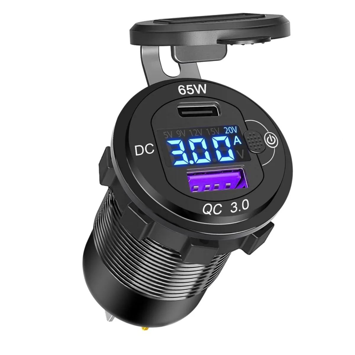 Waterproof  36W QC3.0 USB Power Outlet & 65W PD USB C Socket with display Voltmeter and ammeter for car boat marine