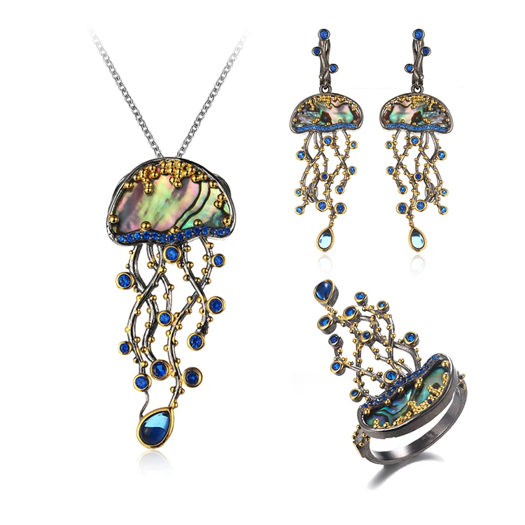 Brazil Style Blue Glass Stone Ladies Classical Gold Plated Custom Design Jewelry Sets