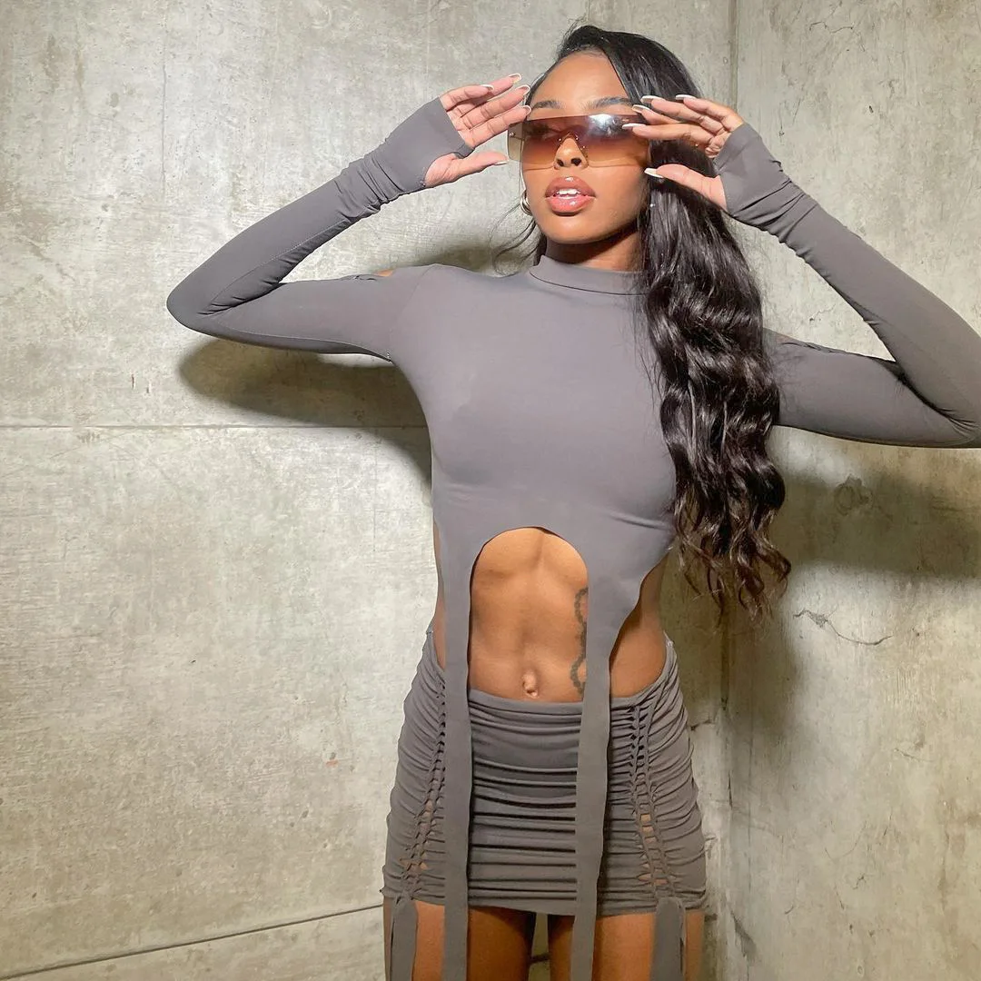 European and American Style Autumn New Fashion Long Sleeve Tops Slim Short Skirt Two Piece Suits Wholesale Women Clothing