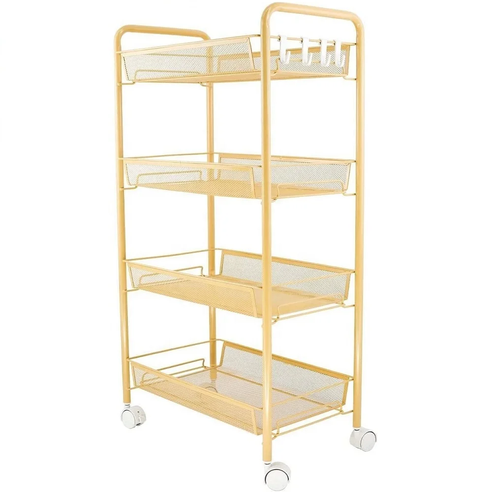 Metal Mesh Storage Rolling Cart Multifunctional Home Kitchen storage cart with basket height adjustable
